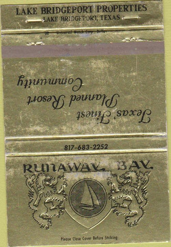 Matchbook Cover - Runaway Bay Lake Bridgeport TX WEAR 40 Strike
