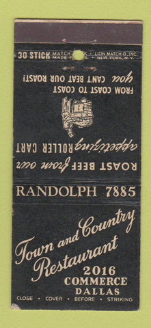 Matchbook Cover - Town and Country Restaurant Dallas TX 30 Stick
