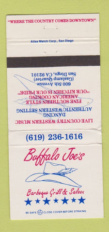 Matchbook Cover - Buffalo Joe's BBQ Grill San Diego CA WEAR 30 Strike