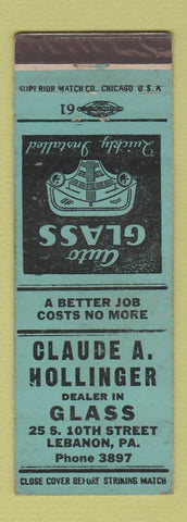 Matchbook Cover - Claude Hollinger Glass Lebanon PA blue