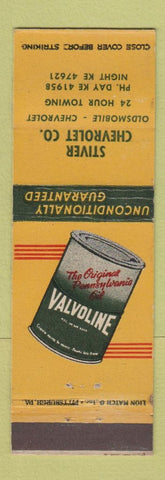 Matchbook Cover - Valvoline oil gas Stiver Chevrolet Oldsmobile Niles? OH