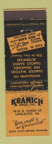 Matchbook Cover - Kranich Bros Jewelry Lancaster PA WGAL Radio Red Kain