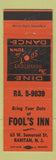 Matchbook Cover - Fool's Inn Raritan NJ