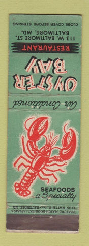 Matchbook Cover - Oyster Bay Restaurant Baltimore MD lobster feature