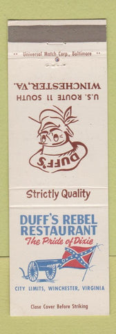 Matchbook Cover - Duff's Rebel Restaurant Winchester VA cannon