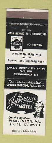 Matchbook Cover - Jefferson Motel Warrenton VA Thomas