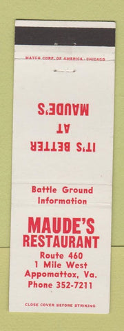 Matchbook Cover - Maude's Restaurant Appomattox VA