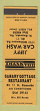 Matchbook Cover - Canary Cottage Restaurant Jiffy Car Wash North Roanoke VA