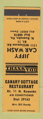 Matchbook Cover - Canary Cottage Restaurant Jiffy Car Wash North Roanoke VA