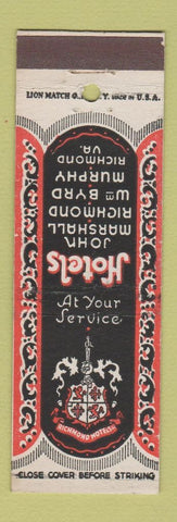 Matchbook Cover - Hotels John Marshall Richmond Wm Byrd Murphy Richmond VA