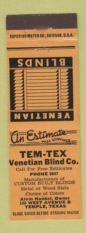 Matchbook Cover - Tem Tex Venetian Blinds Temple TX