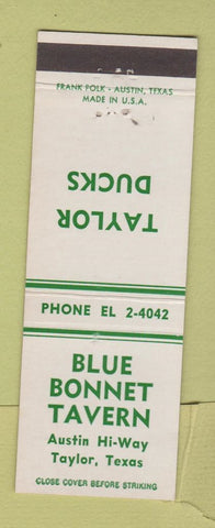 Matchbook Cover - Blue Bonnet Tavern Taylor TX Taylor Ducks