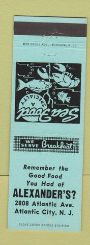 Matchbook Cover - Alexander's Restaurant Atlantic City NJ