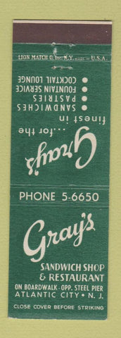 Matchbook Cover - Gray's Sandwich Shop Restaurant Atlantic City NJ
