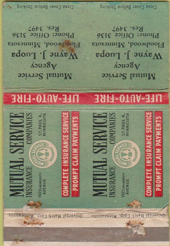 Matchbook Cover - Mutual Life Insurance Floodwood MN WORN Double Print Error