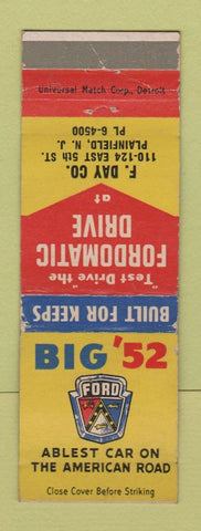 Matchbook Cover - 1952 Ford F Day Plainfield NJ WEAR