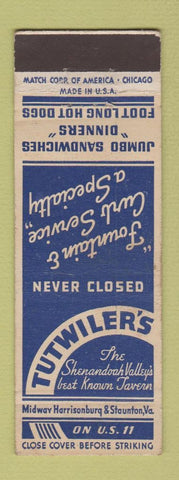 Matchbook Cover - Tutwiler's Restaurant Fountain Staunton VA
