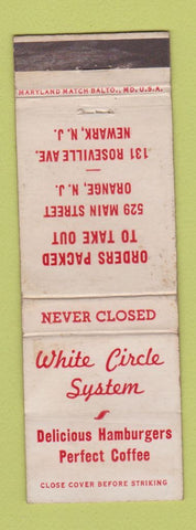 Matchbook Cover - White Circle Hamburgers Orange Newark NJ WEAR
