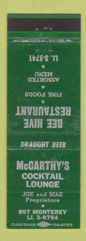 Matchbook Cover - McCarthy's Cocktail Lounge Bee Hive Restaurant WEAR