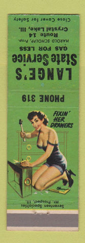 Matchbook Cover Lange's State Service oil gas Crystal Lake IL pinup low phone #