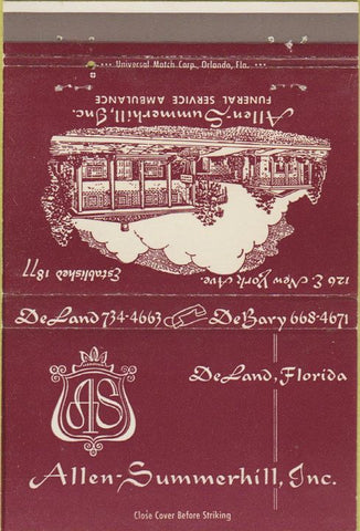 Matchbook Cover - Allen Summerhill Funeral Home DeLand FL 40 Strike