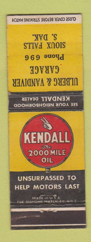 Matchbook Cover - Kendall oil gas Ulberg & Vandiver Sioux Falls SD low phone #