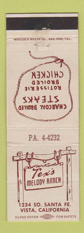 Matchbook Cover - Tex's Melody Ranch Vista CA