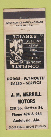 Matchbook Cover - JM Merrill Motors Dodge Plymouth Andalusia AL