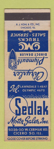 Matchbook Cover - Sedlak Chrysler Plymouth GMC Cicero IL