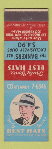 Matchbook Cover - Truly Hours Best Hats New York City