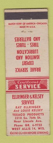 Matchbook Cover - Ellringer & Kelsey Texaco oil gas West Allis WI WEAR
