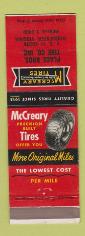 Matchbook Cover - McCreary Tires Place Bros Winchester VA