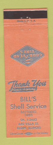 Matchbook Cover - Bill's Shell oil gas Goodyear Tires Elgin IL ORANGE
