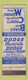 Matchbook Cover - Berks County Motors Dodge Plymouth West Reading PA WEAR