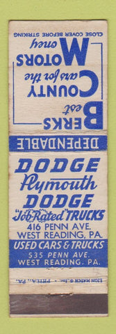 Matchbook Cover - Berks County Motors Dodge Plymouth West Reading PA WEAR