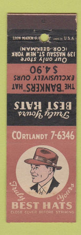 Matchbook Cover - Best Hats Bankers Hat New York City