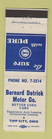 Matchbook Cover - Bernard Detrick Motors Pure oil gas Tipp City OH