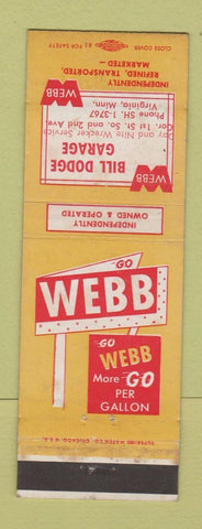 Matchbook Cover - Bill Dodge Garage Webb Virginia MN oil gas WEAR
