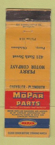 Matchbook Cover - MoPar Auto Parts Perry Chrysler Plymouth Perry OK WORN