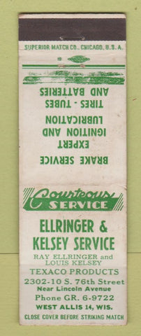Matchbook Cover - Ellringer & Kelsey Texaco oil gas West Allis WI WORN