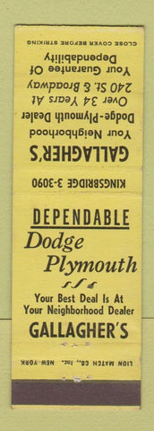Matchbook Cover - Gallagher's Dodge Plymouth  WEAR