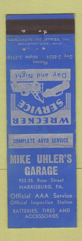 Matchbook Cover - Mike Uhler's Garage Harrisburg PA MERCHANTS