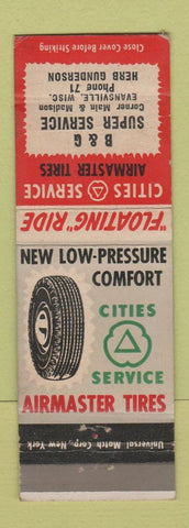 Matchbook Cover - Cities oil gas Tires B&G Evansville WI low phone # Gunderson