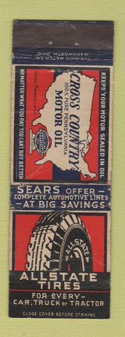 Matchbook Cover - Allstate Tires Cross Country Motor Oil WORN batteries