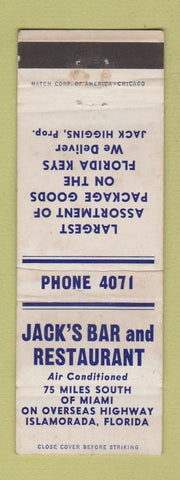 Matchbook Cover - Jack's Bar Restaurant Islamorada FL WEAR