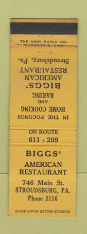 Matchbook Cover - Biggs' Restaurant Stroudsburg PA WEAR