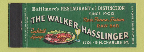 Matchbook Cover - Walker Hasslinger Restaurant Baltimore MD lobster Full Length