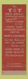 Matchbook Cover - T&T Sea Grill Restaurant Worcester MA