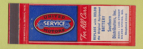 Matchbook Cover - United Motors Service Delco Battery Silver Spring MD