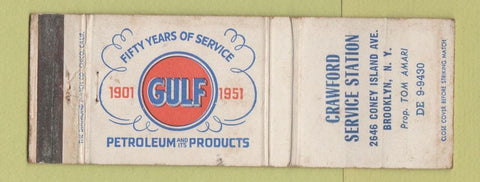Matchbook Cover - Gulf oil gas Crawford Brooklyn NY 1951 WEAR
